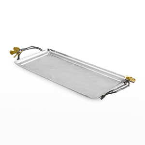 家用和餐厅装饰用铝制矩形托盘银色，带设计师金色手柄 - Product Image 1
