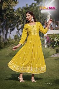 Marutiファッション輸出新デザイン糸仕事レーヨンAnarkaliドレスインド & パキスタン服ネック & スリーブ付きフルファリル - Product Image 2