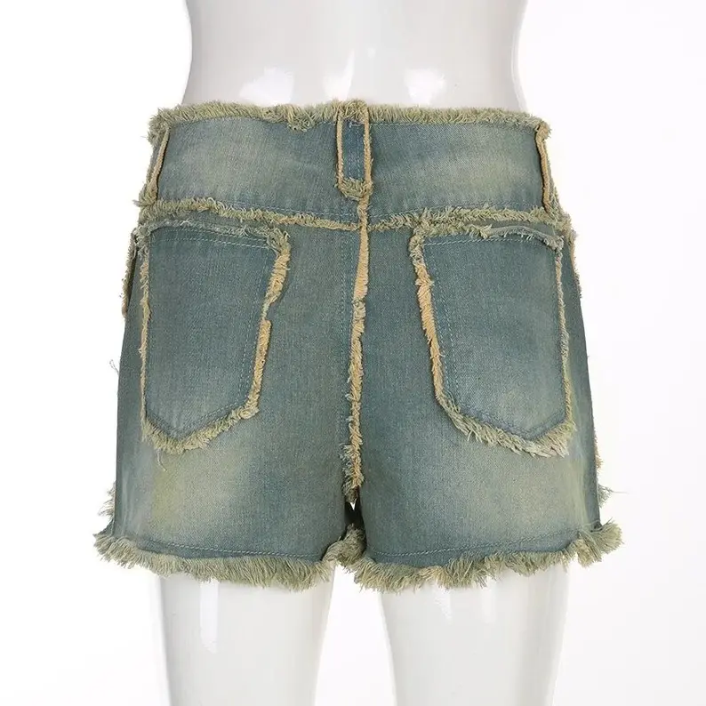 Meilleure vente de short en jean bleu imprimé à motif de lettres, short en jean imprimé à franges pour femmes, short d'été tendance pour femmes