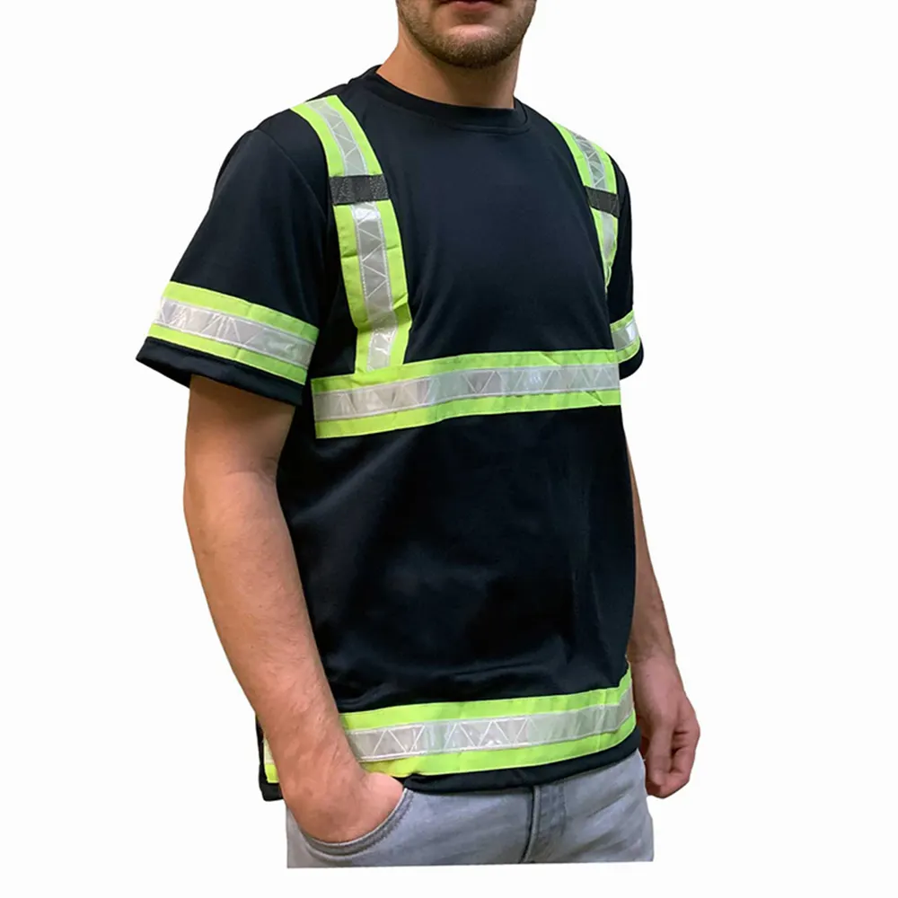 OEM all'ingrosso di alta qualità Hi Viz colore nero Glow Up maglietta da uomo riflettente lavoratori magliette magliette riflettenti di sicurezza