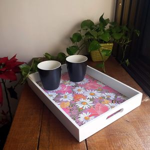 高频工艺品手工制作的木制托盘大理石白色和金色中密度纤维板木质装饰圆形图案矩形托盘 - Product Image 2