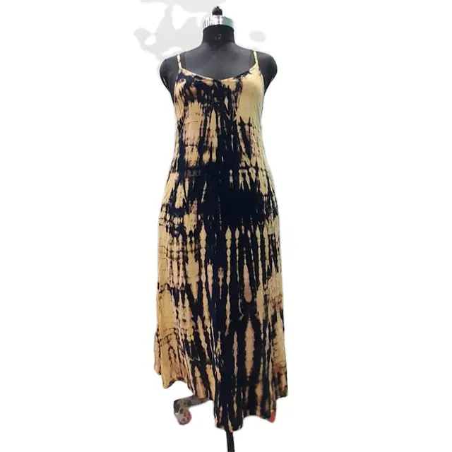 Venta caliente Casual vestido de verano mano corbata teñida mujeres rayón arrugado largo Maxi estándar vestido sin mangas Precio de fabricante