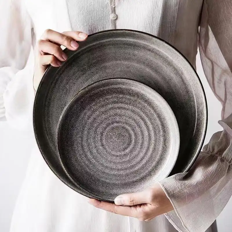 Assiettes en porcelaine avec motif en spirale grise et rétro, bol de vaisselle Vintage en céramique nouveau Design 7.5 pouces et 10.5 pouces, vaisselle créative tourbillon
