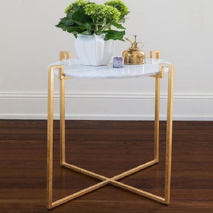New modern design End Round Bent Black Gold Metal Glass Marble Texture <strong>Mdf</strong> Wood Nest <strong>Set</strong> of 2 Nesting Coffee Room Side <strong>Table</strong> - Product Image 4