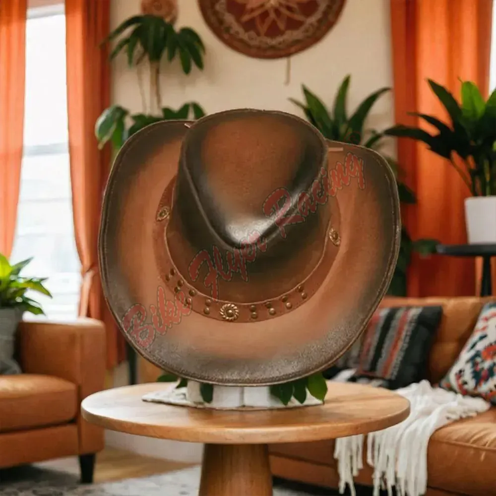 100% Leather Men Women Brown 2 tone Western Cowboy Hat Wide Brim Outdoor BFR Cowboy/girl Hat