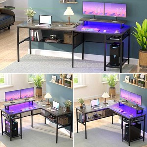 Escritorio de ordenador en forma de L con tira de LED y tomas de corriente Escritorio de ordenador en forma de L reversible con soporte para monitor - Product Image 4