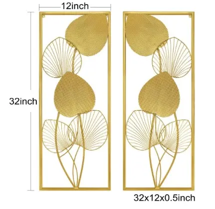 2 Golden Metal Art Wall Esculturas Ruffled Fan Palm Leaf Wall Hanging Decors com moldura para Sala Quarto