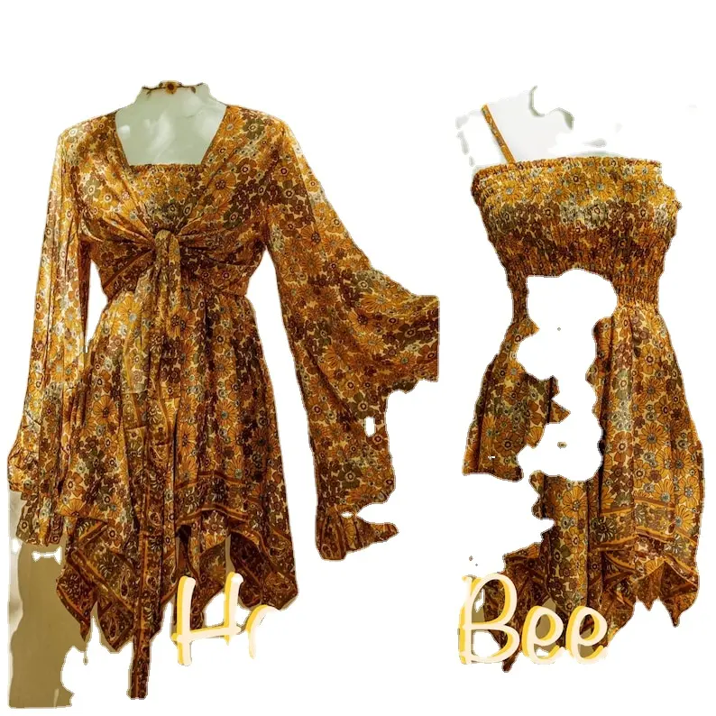 Hippy floral boho dress Hand Block Printed Short Beautiful Dress For Girl Indian Screen Fabric Women Beach Short Dress