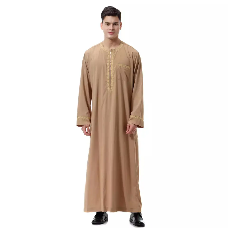 เสื้อสไตล์อาหรับสำหรับผู้ชาย,ชุดคลุมมุสลิมแบบไม่คอเสื้อแขนสั้นเสื้อผ้าอิสลาม Morrocco Thobe