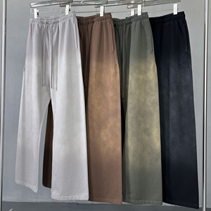 Özel güneş soluk Baggy düz bacak Sweatpants boy fransız Terry pamuk Flare pantolon özel logo yıkanmış alevlendi Sweatpants