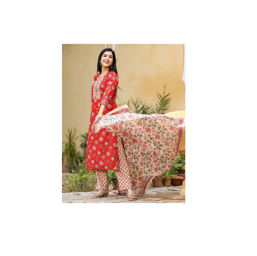 Most Beautiful Red Cotton Blend Floral Printed Suit Set Collection for Women's Fashion Wear at Best Prices
