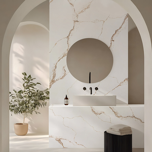 Oem sang trọng calacatta vàng trắng tĩnh mạch đá cẩm thạch nhìn Đá Nhân Tạo thạch anh <span class=keywords><strong>Countertop</strong></span> cho nhà bếp phòng tắm Vanity bàn tiếp tân - Product Image 5