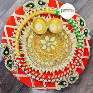 新着手作りGota Work Kumkum Platter with 2つの小さなボウルホルダーDiwali、Rakhi Platter Wedding Favor Thali Puja Favor - Product Image 2