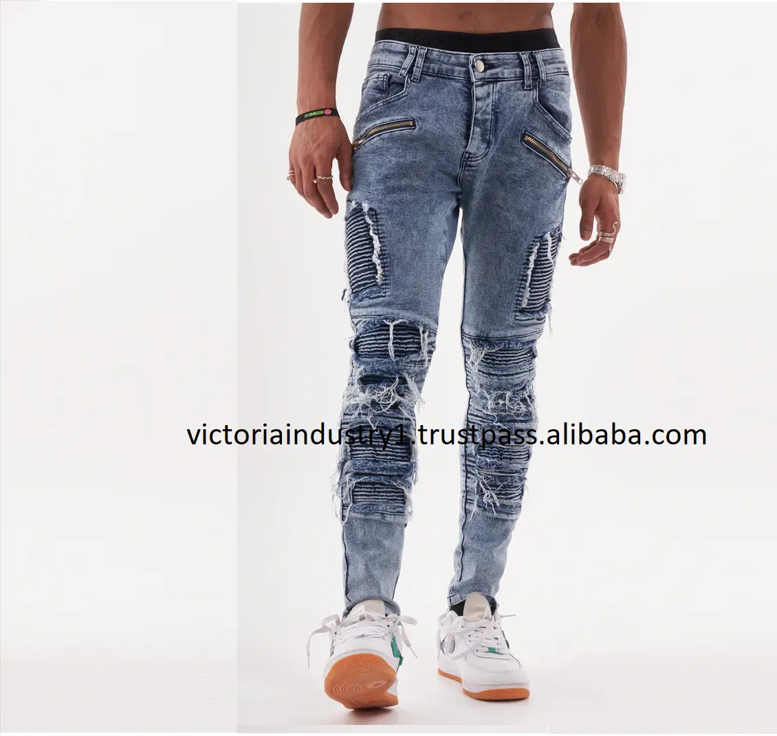 High Quality Embroidery Patches Jeans Custom Branded High Ripped Denim Jeans Men Rough Distressed Denim Pants