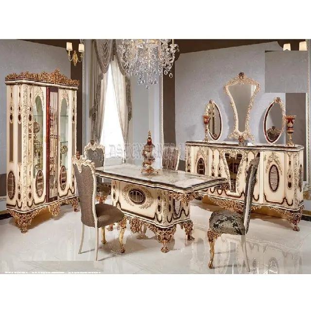 Conjunto de muebles de comedor de estilo barroco francés, mesa de comedor tallada a mano de lujo