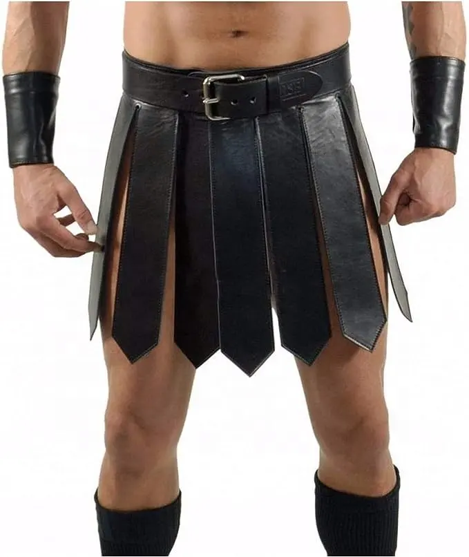 Juego de falda escocesa de gladiador romano de cuero real para hombre, ropa de club de cuero resistente
