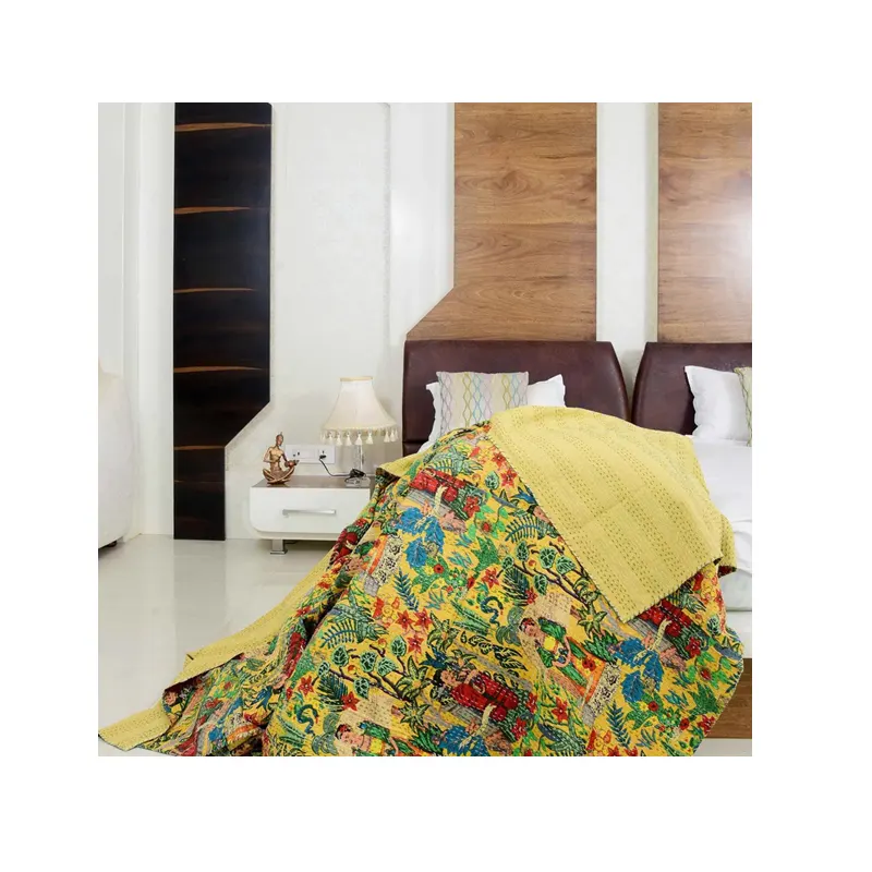 Kahlo Print Kantha Quilt Bohemian Coverlet Bedding, Cotton Quilt BlockPrint blanket Knitted Throw