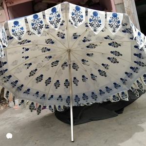 手块印花花园棉阳伞沙滩伞带褶边木材沙滩伞复古风格伞铲边