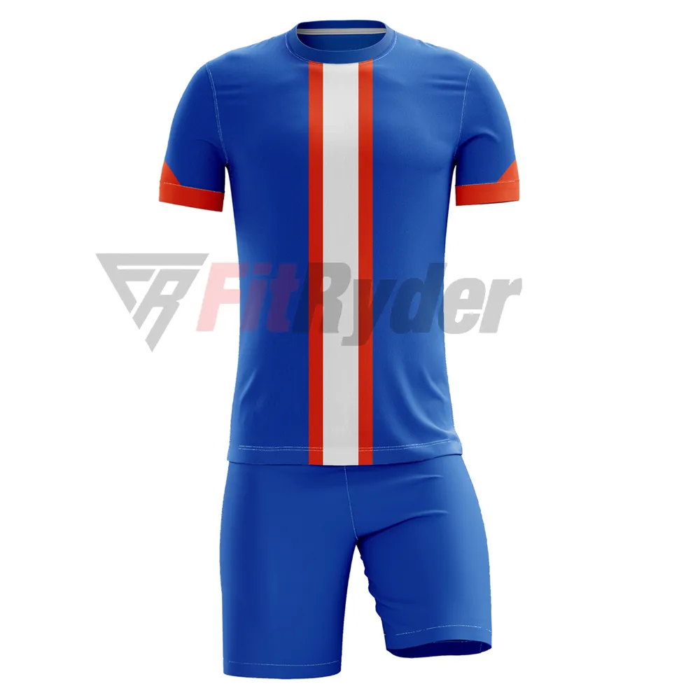 Venta al por mayor logotipo personalizado Slim Fit uniforme de fútbol de los hombres 100% poliéster de alta calidad uniformes de fútbol de los hombres transpirable OEM