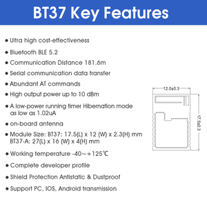 Módulo Bluetooth BLE5.2 UART, transmisión AT, comandos, distancia de 181,6 M, tamaño pequeño, 1,02ua, energía ultrabaja, bajo costo, BLE5.2 - Product Image 2