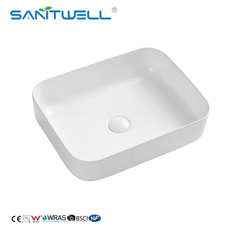 Modern Sanitary Ware Branco Brilhante Retângulo Bancada Pia Do Banheiro Embarcação Acima Do Contador Vanity Basin