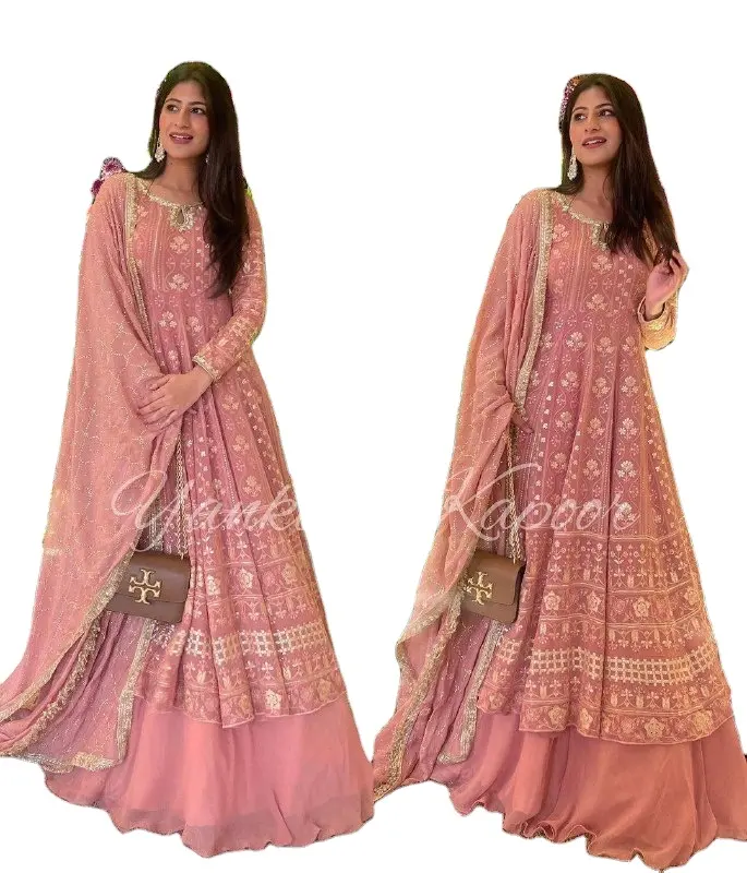 Esclusivo Designer Baby Pink colorato pesante Anarakali Kurti con lunga lunghezza Sharara Mastani Dress Collection