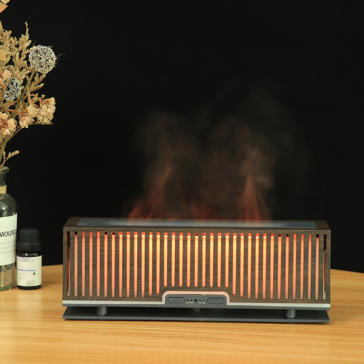 Dark wood grain + gray with flame-effect light
