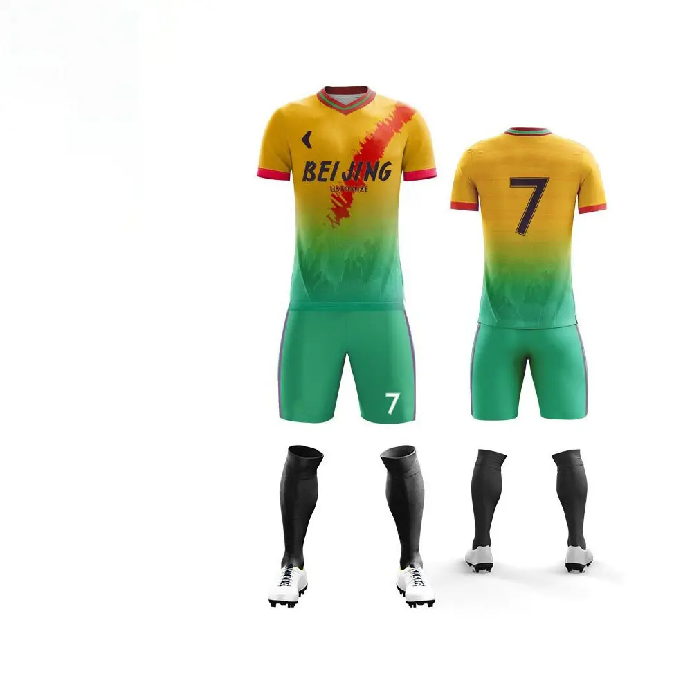 أحدث تصميمات 2023 جودة مجموعة من ملابس جيرسي ملونة لكرة القدم للرجال موديل جديد صغير حد أدنى لكمية الطلب زي كرة قدم مخصص