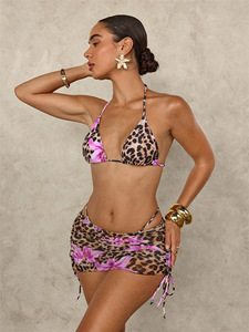 Seksi leopar Bikini seti Colorblock üçgen fincan kravat up tanga Mini Bikini özel Logo mayo 2 parça mayo mayo