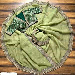 En kaliteli cazip düğün kıyafeti Rangoli İpek Saree nakış Butta ve dantel sınır güzel açık yeşil renk