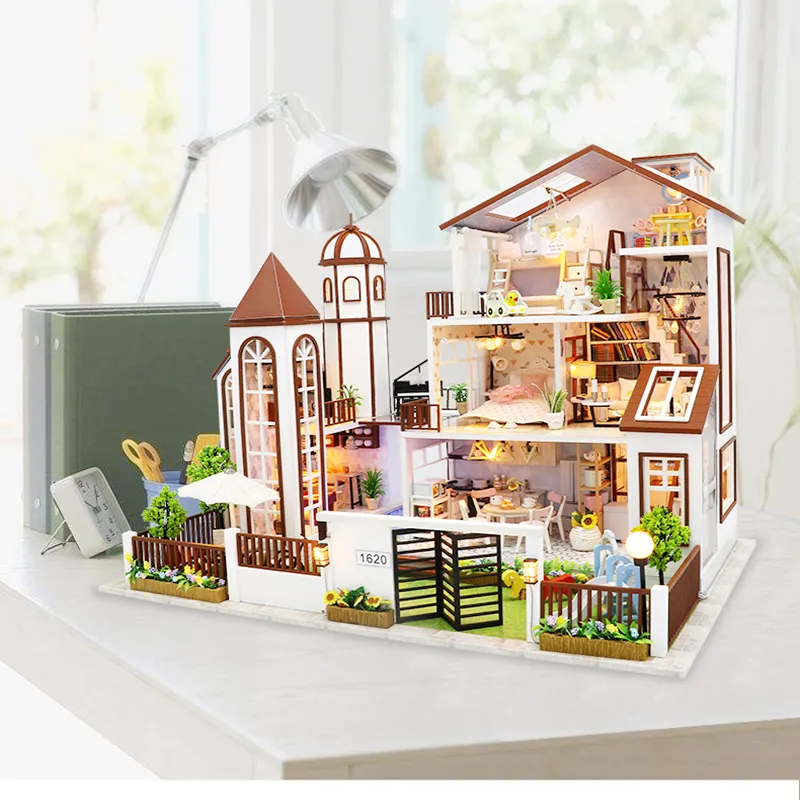 Kit de Modelo 3D para artesanato Casa de boneca grande em miniatura com Diyplay Casa de brinquedo de madeira Caixa de cores para jogos de cozinha Quebra-cabeça de madeira unissex