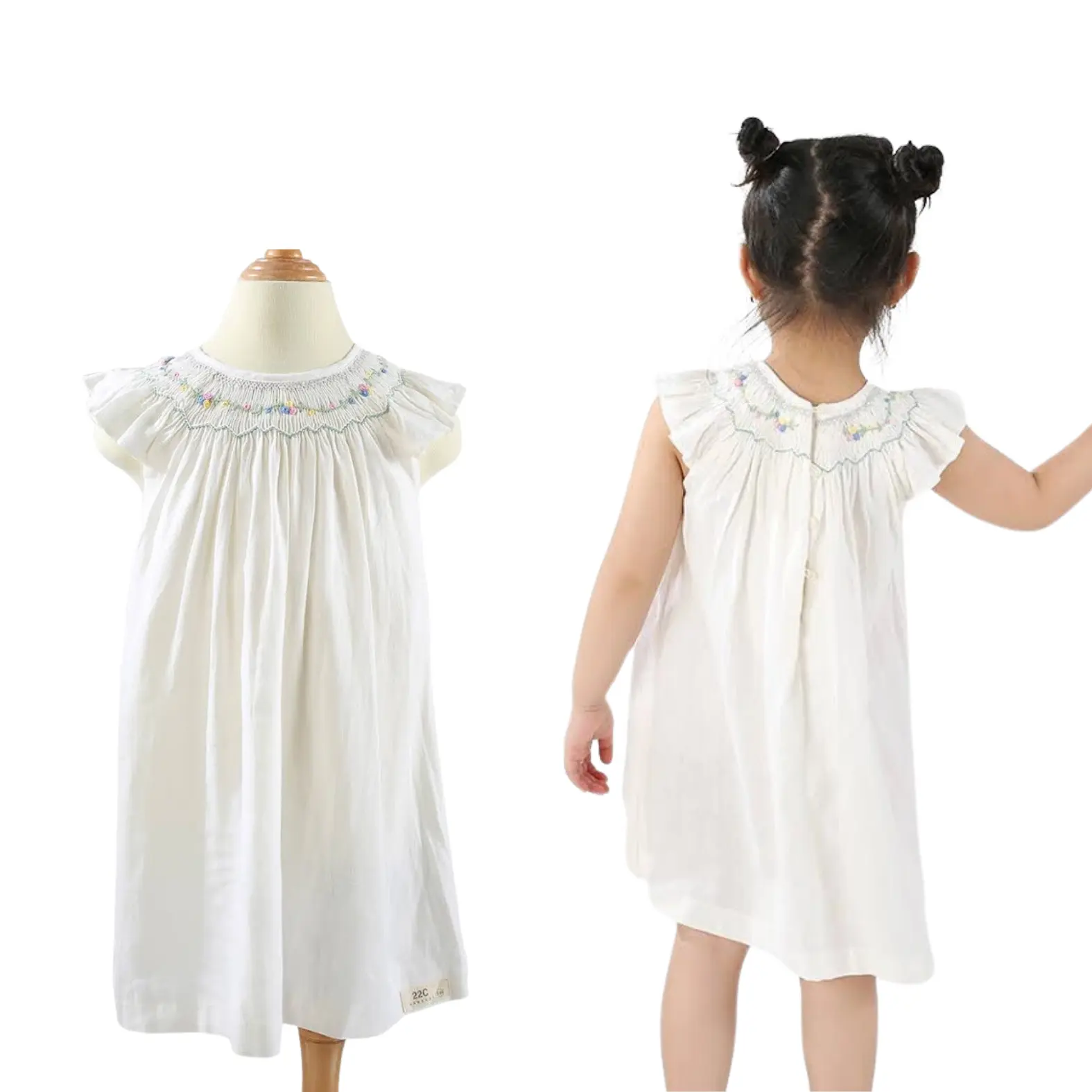 Vêtements pour enfants Vêtements pour filles Robes pour filles Smock Fille Robe smockée pour enfant Blanc Coton court Conception personnalisée