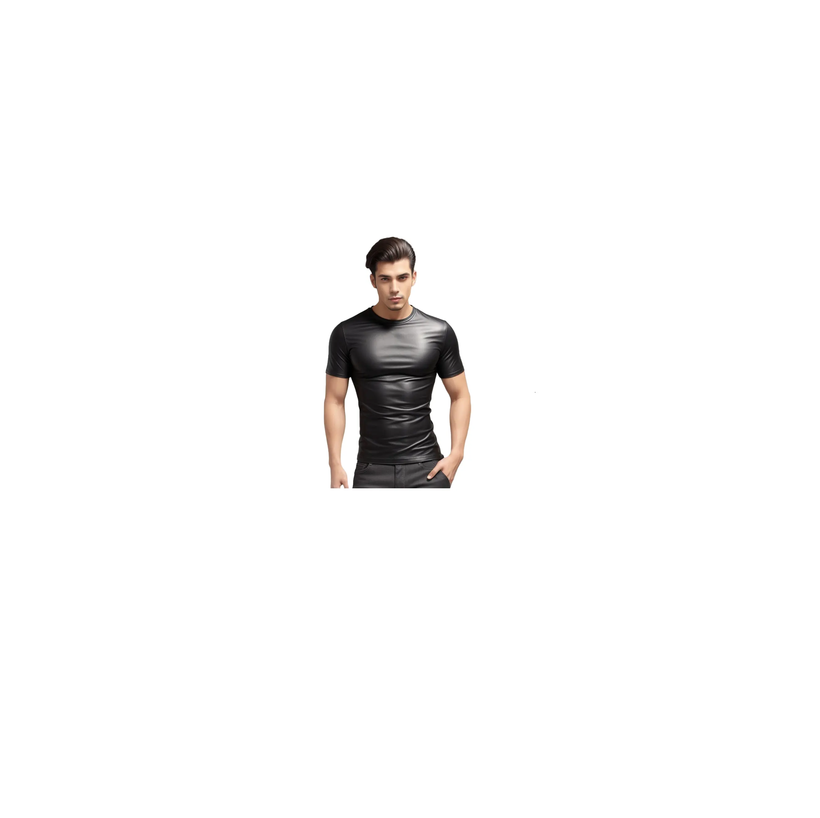 Camiseta de piel de cordero de piel auténtica de media manga para hombre, camiseta de color negro, camiseta de cuero original para hombre de Naf Engineering