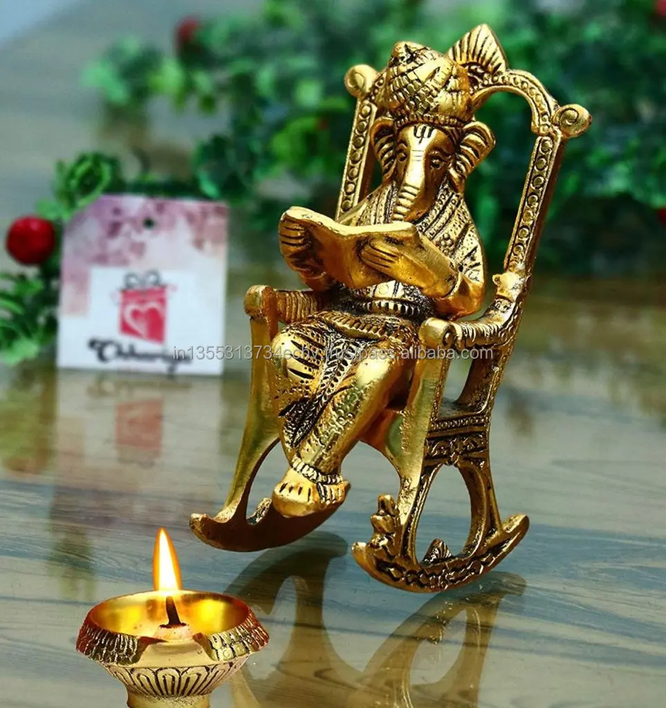 Lord Ganesha statua di lettura artigianale figurina di Ganesh Vinayak Puja idolo decorativo in metallo