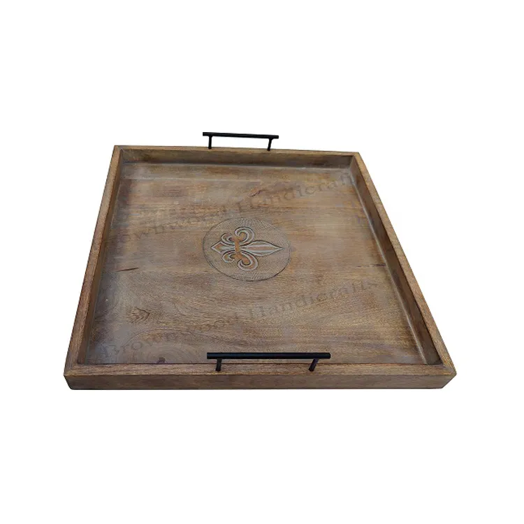 Premium Quality Mango Wood Square Shape Large Tray Custom Design Carved Wooden Tray with Metal Handles for Restaurants & Hotels