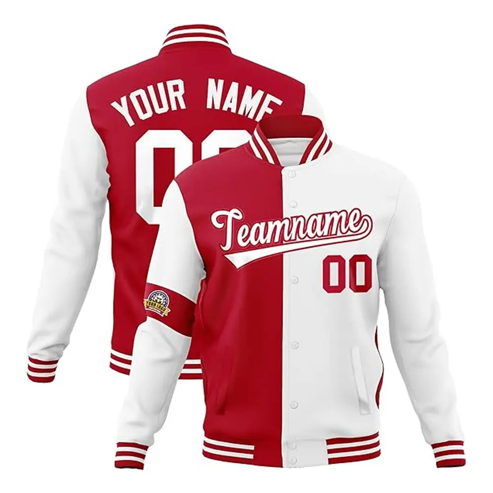 Casaco Bomber personalizado para adultos e jovens, casaco leve com logotipo de texto costurado em jaqueta clássica branca e vermelha do time do colégio