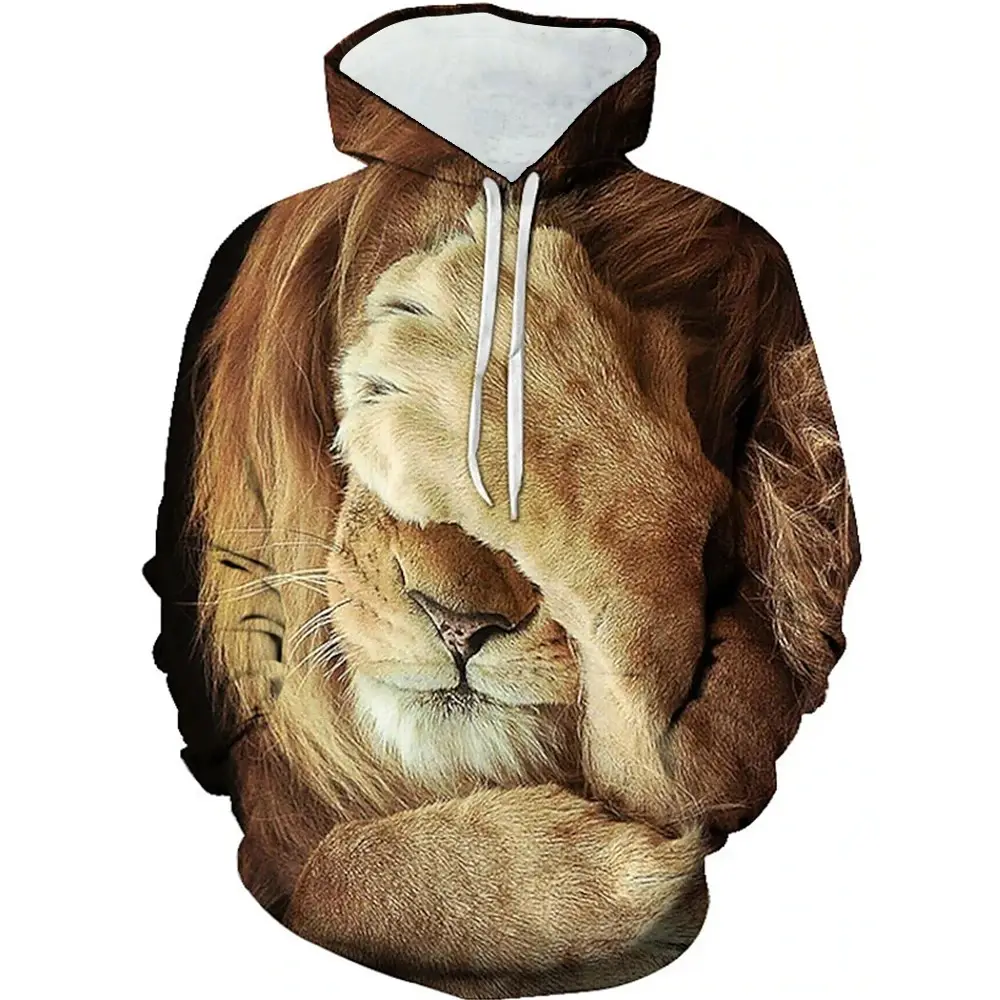 Hoodies untuk pria Vintage Retro pullover Sweatshirt Shy lucu hewan singa 3D Hooded kemeja kasual pakaian atasan