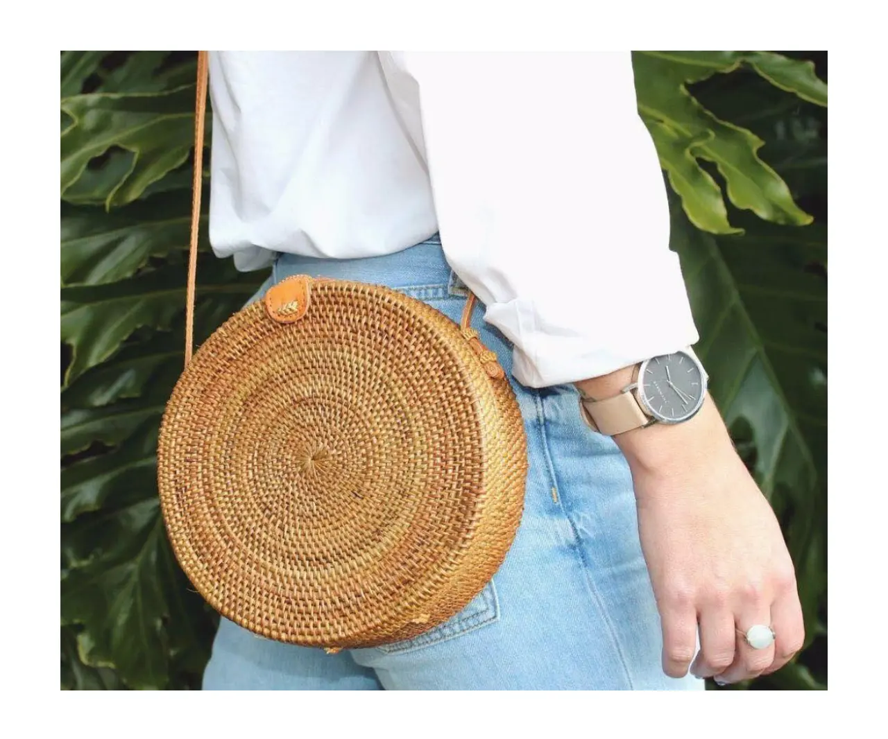 Harga wajar elegan gaya Boho rotan bulat tas dompet selempang untuk wanita dibuat di Vietnam