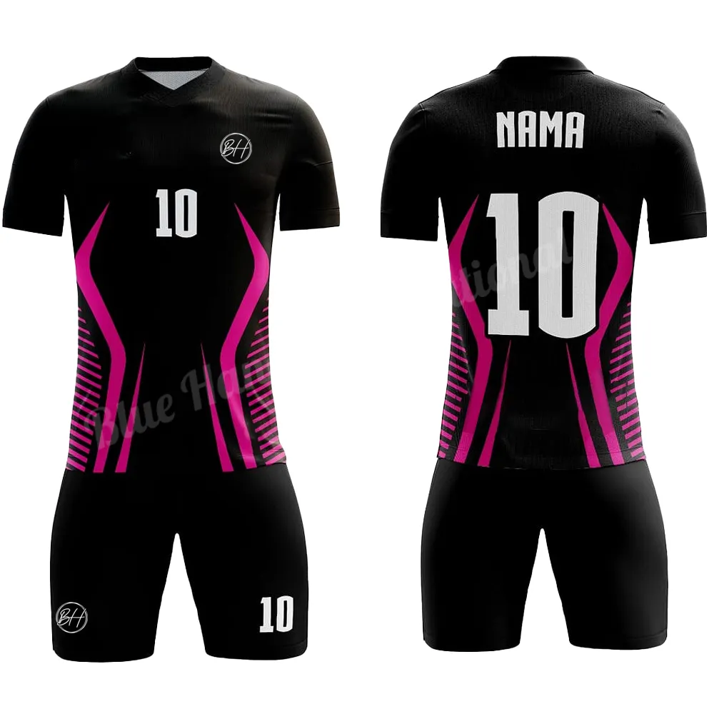 ชุดยูนิฟอร์มฟุตบอลสำหรับผู้ชายชุดเครื่องแบบฟุตบอลพิมพ์ลายซับลิเมชันสีแดงและสีดำระบายอากาศได้ใหม่