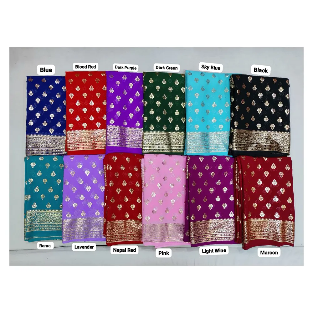 Amplia gama de productos, diseño elegante, ropa étnica india, ropa de boda y fiesta, Sari Georgette suave con estampado de papel de aluminio