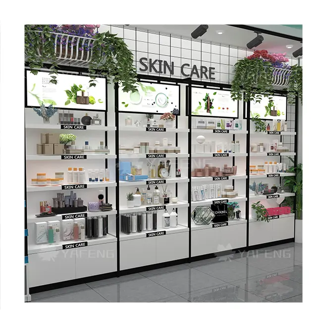 Soporte de exhibición de cosméticos modernos Una combinación de soporte de exhibición de cosméticos de metal y MDF