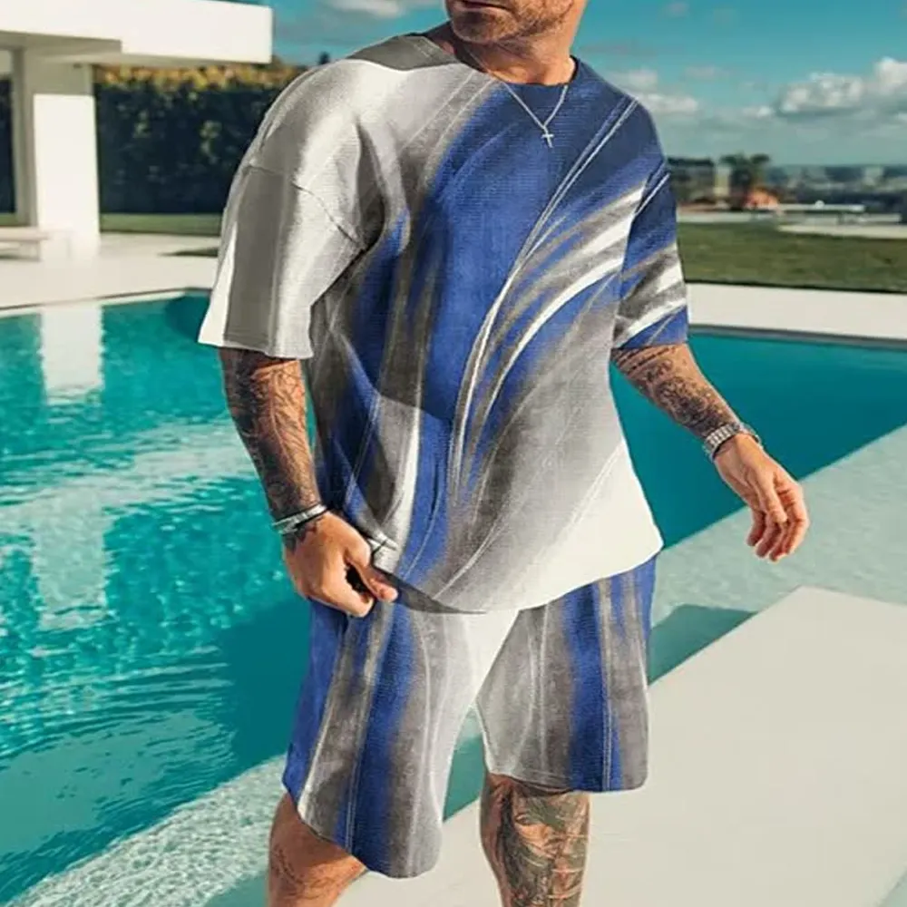 Breathable Men Color Block Shorts Outfit Shirt & Shorts Suit 2-Piece Set