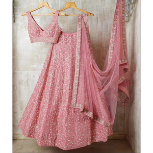 בייבי ורוד משי lehenga choli עם זארי מורכב מזארי ופיוטים-תלבושת כלה הודית מסורתית