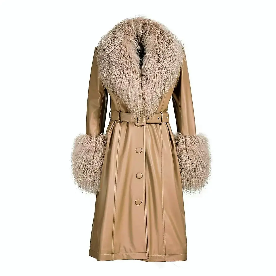 Nuovo arrivo all'ingrosso cappotto in pelle lounge suite vera pelliccia con cordino può giacca in pelle da donna personalizzata plus size