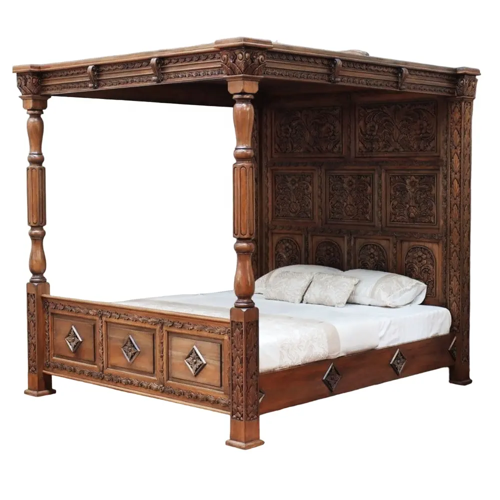 Carving Canopy Classic Antique Style Beds Luxury Furniture Wooden Bed Chairs Living Room Sofa Dinning Tables Large Carving Beds