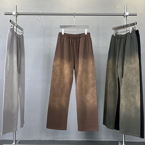 Özel güneş soluk Baggy düz bacak Sweatpants boy fransız Terry pamuk Flare pantolon özel logo yıkanmış alevlendi Sweatpants