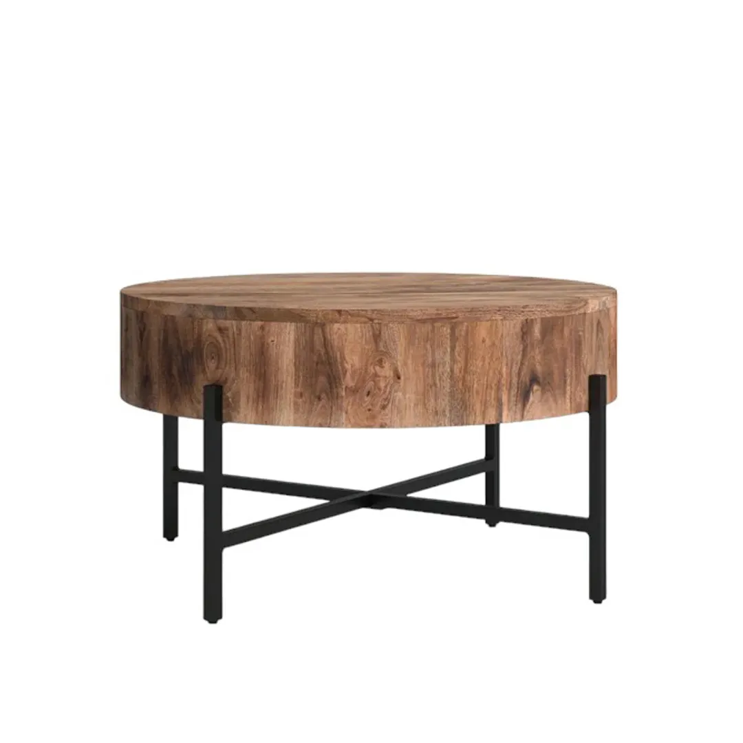 Mesa de centro hecha a mano de madera de teca con tablero redondo y base de hierro de color negro, cuatro patas con soportes X-Cross