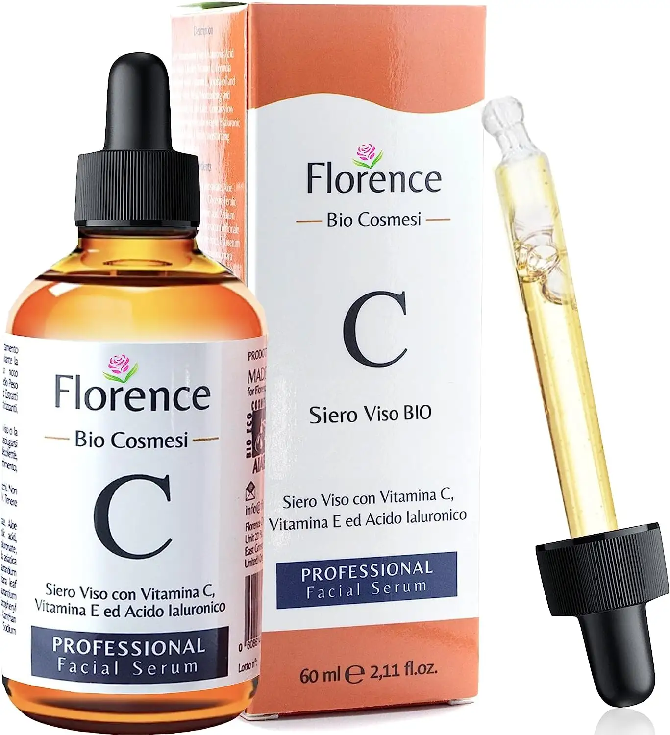 #1 más vendido en Europa-Suero orgánico de vitamina C Florencia con ácido hialurónico. Suero facial blanqueador, antimanchas y antiarrugas