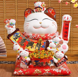 幸运小雕像中国陶瓷财富猫雕像瓷猫动臂钱好运猫家庭办公商务商店