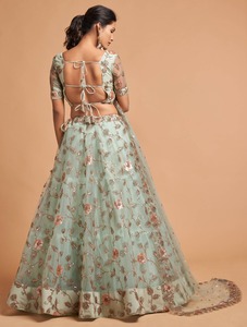 Özel yeni tasarımcı Firoji renk Modern hint Lehenga Choli bluz yumuşak Sari ağır Net dizisi nakış düğün partileri - Product Image 4
